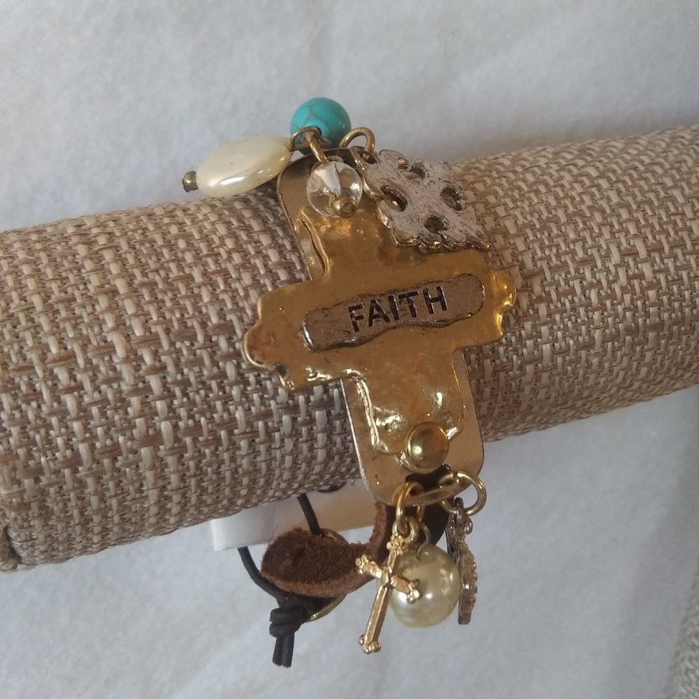 Faith Embellished Leather Band Bracelet | New